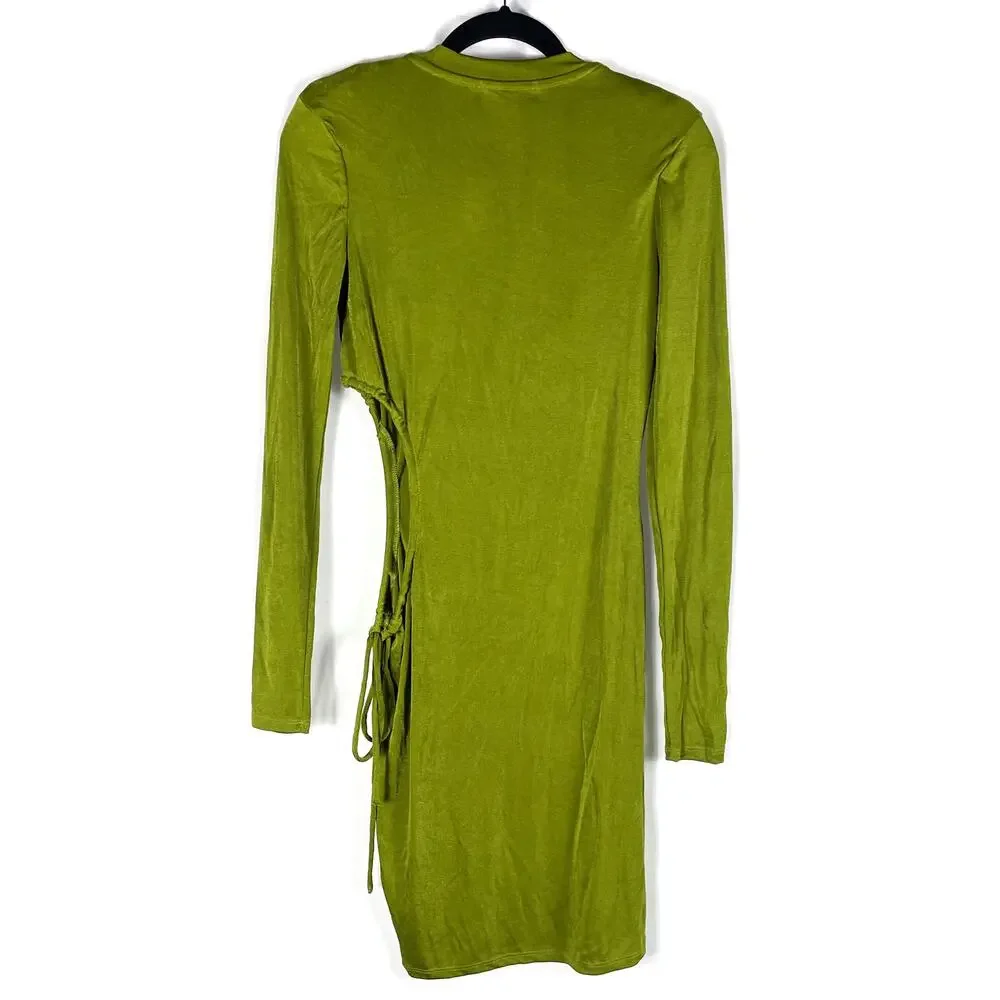 Louna Slinky Dress Green Jersey Knit Mini Waist Cut Out Bodycon Long Sleeve Sz M - Picture 12 of 13